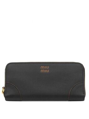 Miu Miu Wallet Logo Zip Around Calfskin Black Cognac Gold Brown Nero Round
